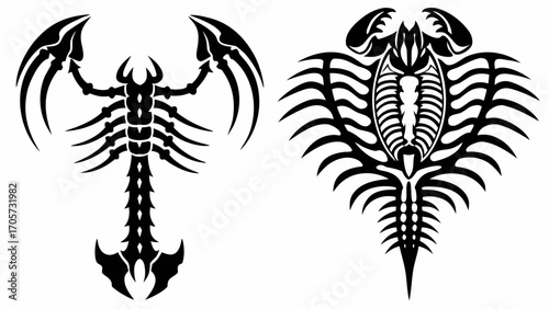 Two stylized black arthropod designs featuring segmented bodies and sharp appendages on a white background silhouette