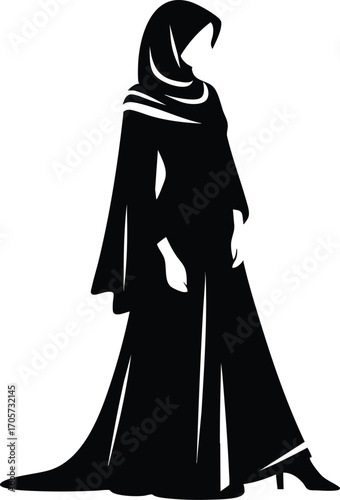 Black Silhouette of Muslim Woman in Traditional Dress vector illustration on a white background 