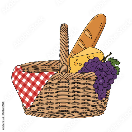 Classic Picnic Basket with Bread, Cheese, and Grapes