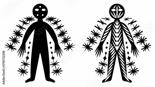 Two figures with starbursts and diamond shapes in black and white stylized illustration art design silhouette
