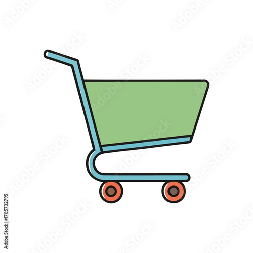 Colorful shopping cart icon illustration for e-commerce and retail websites. Simple flat design of a market trolley on a white background