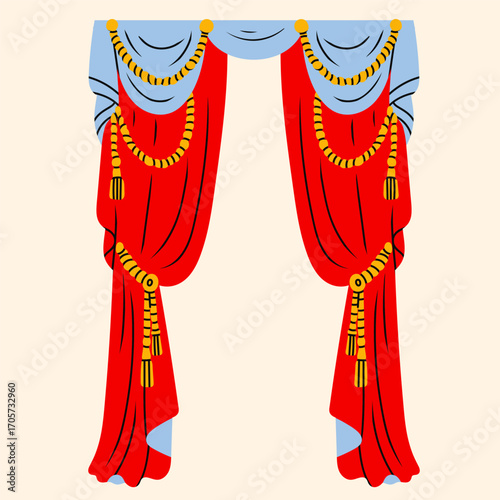 Red, blue Curtains. Wavy luxury curtains, elegant shape, golden ties, cords, tassels. Decorative cloth. Hand drawn trendy Vector illustration. Isolated design element