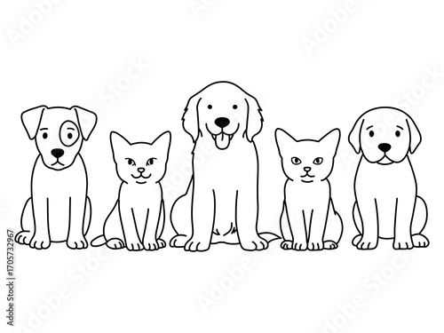 Hand-drawn line of happy sitting dogs and cats looking, Happy cats and dogs of various sizes and breeds lined up, Vector Illustration isolated on white background