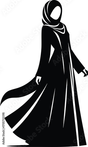 Black Silhouette of Muslim Woman in Traditional Dress vector illustration on a white background 