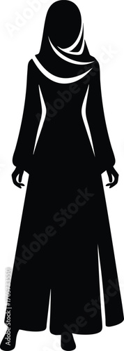 Black Silhouette of Muslim Woman in Traditional Dress vector illustration on a white background 