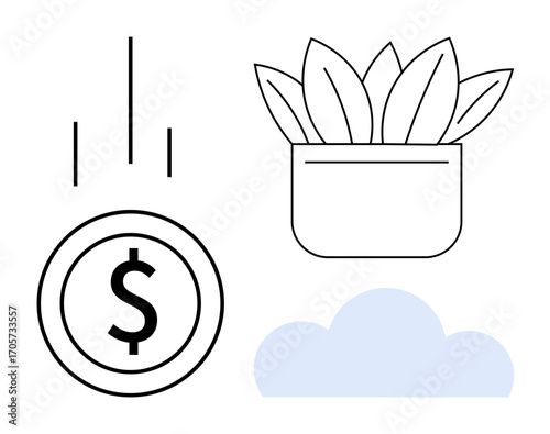 Falling coin with dollar sign, potted plant, and pastel blue cloud evoke ideas of financial growth, sustainability, investment, eco-friendliness, innovation, prosperity and success. Ideal for modern