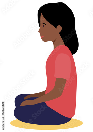 African american girl sitting calmly children’s mat. Child focused student school classroom. Child education, learning concept for kindergarten material.