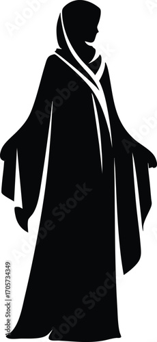 Black Silhouette of Muslim Woman in Traditional Dress vector illustration on a white background 