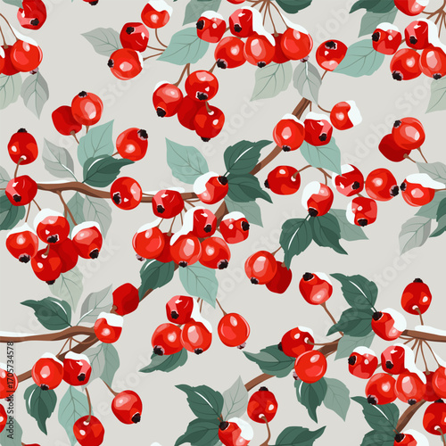 A beautiful and seamless vector illustration of a red wild apple branch, set against a blue background. This design could be used as a template for textile or packaging.