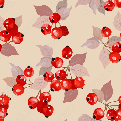 A beautiful and seamless vector illustration of a red wild apple branch. This design could be used as a template for textile or packaging.