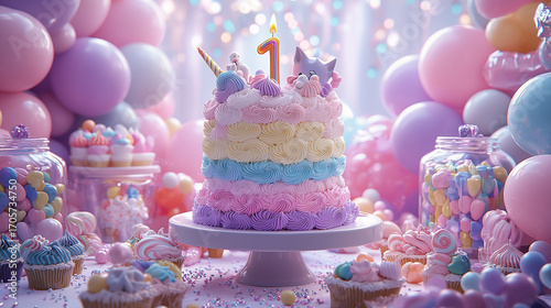 Celebrate a first birthday with a colorful cake and festive decorations