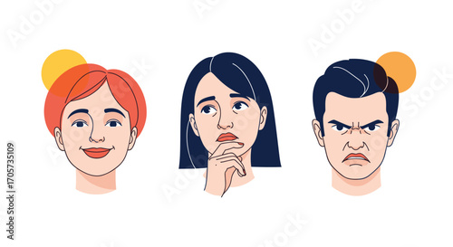 Visual representation of three individuals expressing different emotions and thoughts visually.