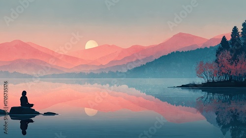 perfect for countryside mindfulness travel scenes, inspiring calm and mindful countryside mindfulness travel vibes. Serene landscape with a tranquil sunset reflection.