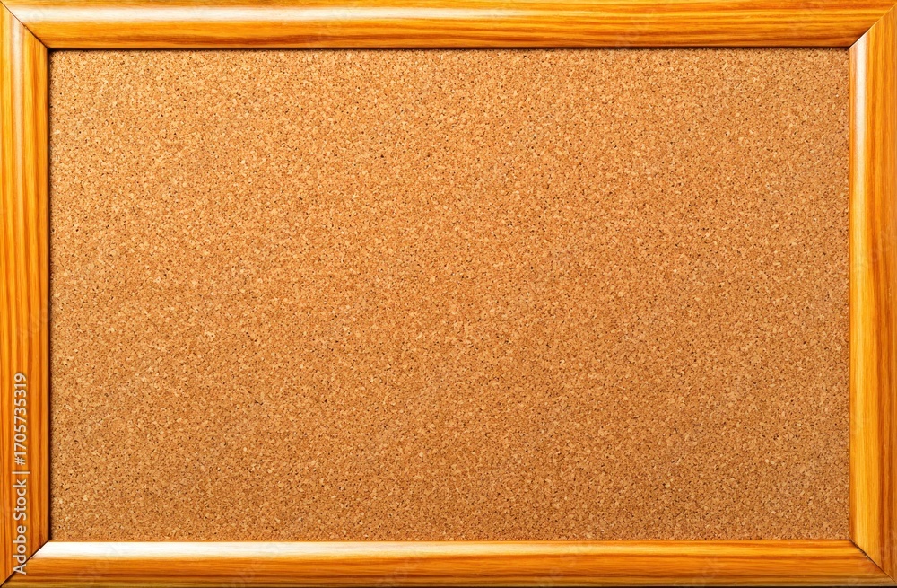 Fototapeta premium Corkboard with wooden frame. Close-up of a rectangular notice board featuring light brown cork texture enclosed by a light-colored wooden frame