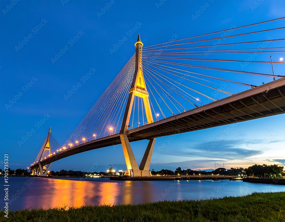 Fototapeta premium Illuminated cable-stayed bridge at twilight over a calm river