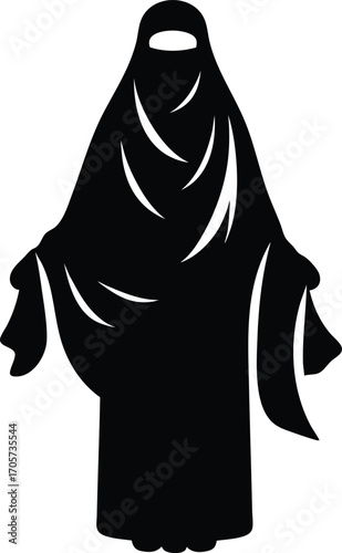 Black Silhouette of Muslim Woman in Traditional Dress vector illustration on a white background 