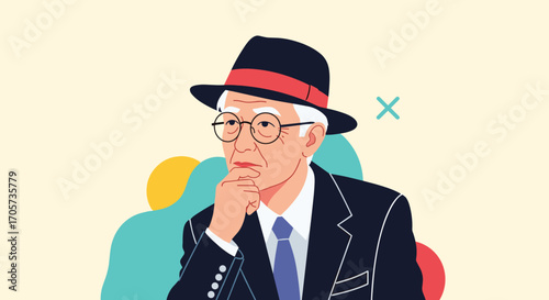 An elderly gentleman wearing a fedora and glasses ponders a creative idea.