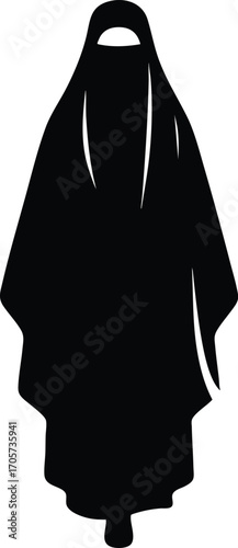 Black Silhouette of Muslim Woman in Traditional Dress vector illustration on a white background 