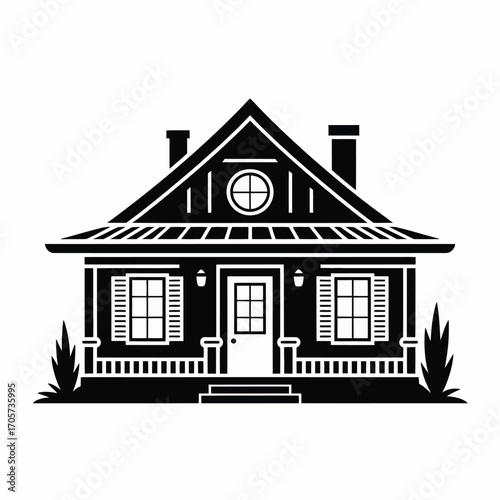 Vector drawing of a residential house with a black roof and windows