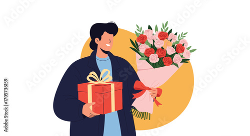 A man holding a gift and a bouquet of flowers presented on a white background with a yellow circle.