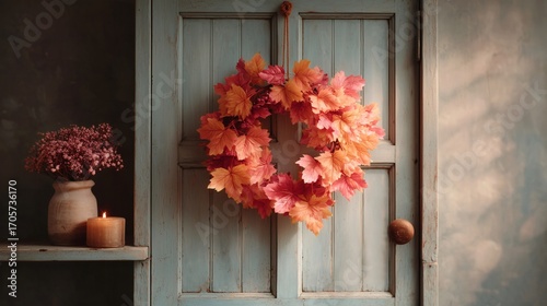 Decorative autumn wreath made of colorful maple leaves in red, orange, and yellow shades, hanging on a rustic wooden door.