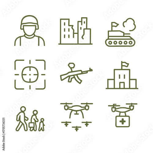 Modern Battlefield Icon Set in Dark Green Outline, 9 War Symbols