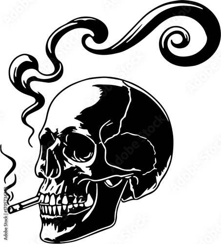 vector illustration of Smoking Skull Silhouette with Cigarette and Smoke, isolated on white