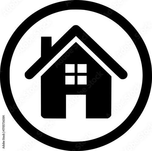 Minimalist black and white house icon. Simple vector design, clean lines, scalable, isolated for logos, stickers, or digital use.
