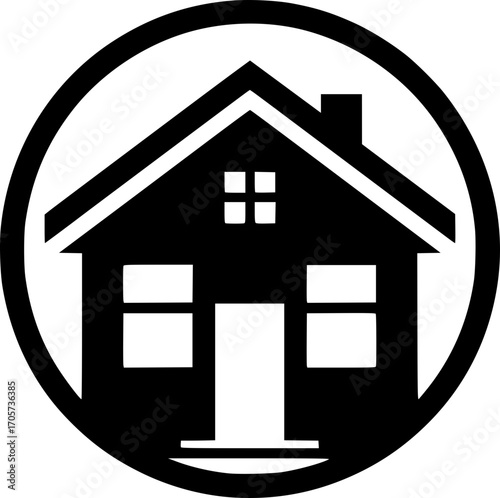 Minimalist black and white house icon. Simple vector design, clean lines, scalable, isolated for logos, stickers, or digital use.