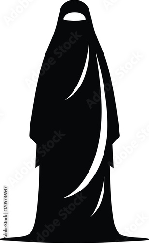 Black Silhouette of Muslim Woman in Traditional Dress vector illustration on a white background 