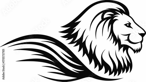 Illustration of a black and white lion head with flowing mane and tail design on a white background silhouette