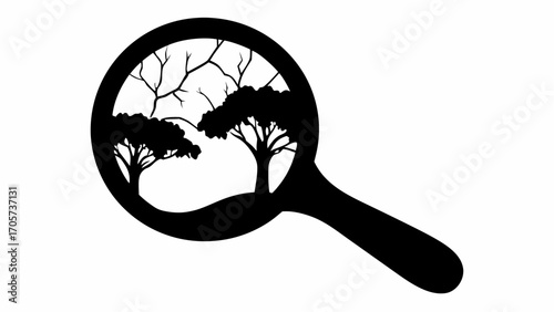 Magnifying glass showing trees and branches in black and white nature scene with detailed silhouette design