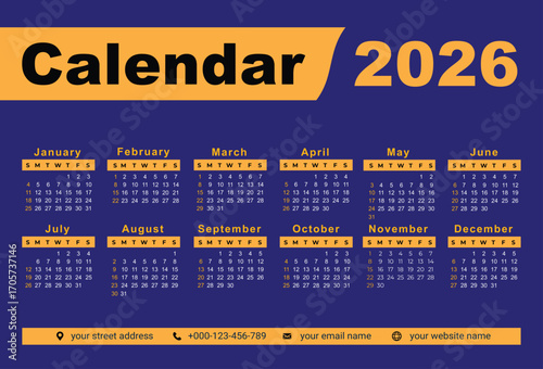 Modern Purple and Yellow 2026 Business Calendar Design