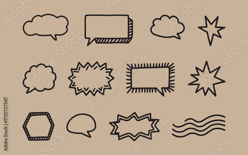 Hand drawn speech bubbles and starbursts on kraft paper background