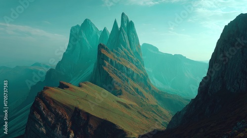 Dramatic mountain range with striking jagged peaks under a teal-toned sky, showcasing natural beauty & rugged terrain in a scenic landscape