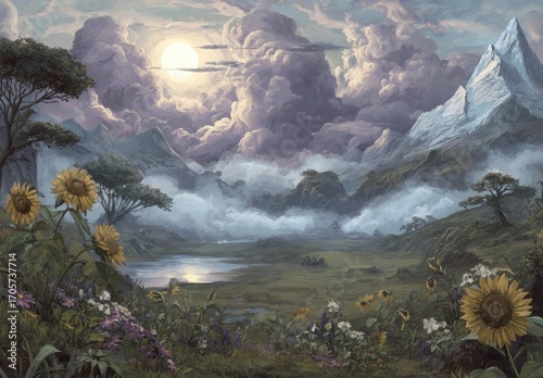 A landscape painting with sunflowers in the foreground, a misty valley, and mountains under a clouded, moonlit sky at twilight