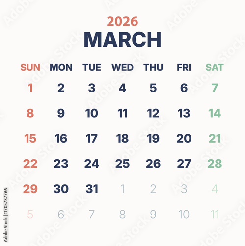March 2026 Printable Calendar Template – Minimalist Monthly Planner Layout