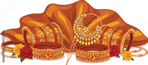 Bridal Gold Nose Pin with Festive Props – Vector Ar