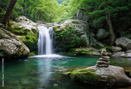 Serene waterfall cascading into a clear pool, rocks covered in moss, with stacked stones creating balance in a lush, green forest scene
