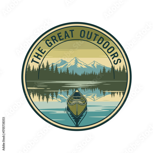 Retro Bottle Cap Style Patch of a Mountain Lake Scene