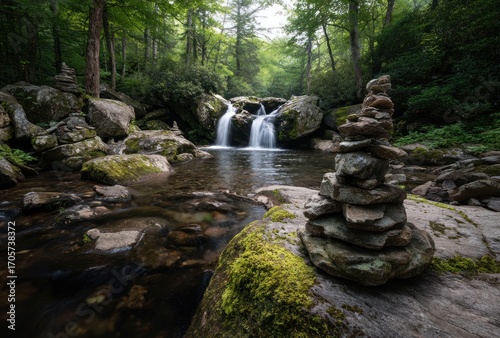 Serene cascade flows into a clear pool, surrounded by moss-covered rocks and lush forest, with stacked stone cairns in the foreground