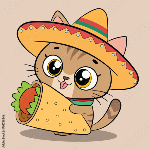 Cute funny little cat in mexican hat hugs burrito cartoon vector illustration