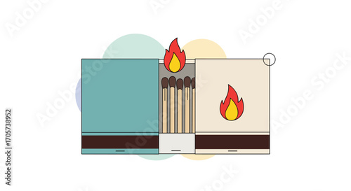 Creative illustration of a box of matches with flaming tips and colorful circles in the background.