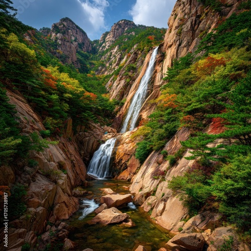 Scenic waterfall cascades down rugged cliffs amidst vibrant autumn foliage, framed by towering peaks against a cloudy, blue sky