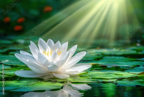 Radiant white lotus flower rests on lily pads in a serene pond, bathed in golden sunlight streaming through blurred greenery