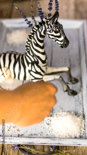Zebra figurine on a tray with lavender and salt