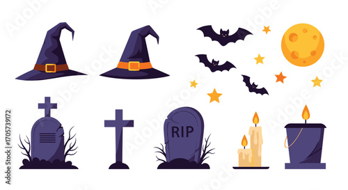 Spooky Halloween elements including witch hats gravestones bats and candles for your holiday designs.