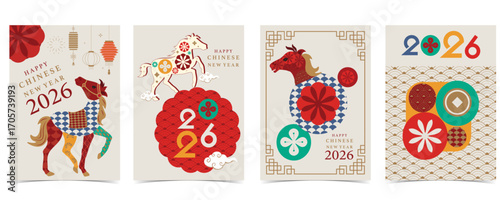 2026 Chinese new year festival with geometric year of the horse background.vector illustration for card,postcard,invitations and social media template