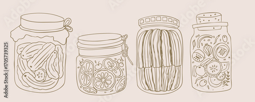 Pickle jar with cucumber preserved vegetables doodle style.vector illustration for food design