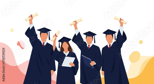 Celebrating academic achievements with diplomas and graduation caps held high.